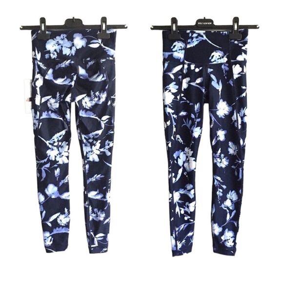 ATHLETA Water Flower Print 7/8 Yoga Gym Leggings Navy Blue XXS - Picture 2 of 6